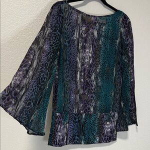Marciano 100%Silk Blue and Purple Animal Print Blouse with Flowy Sleeves